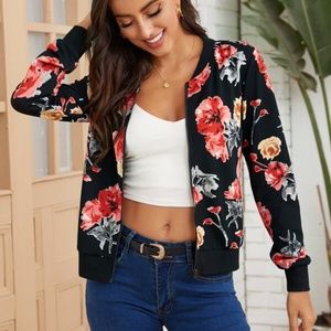 Black Red Floral Print Zipper Light Bomber Jacket